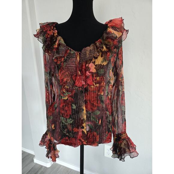 Y2K Ruffled Collar Sheer Floral Romantic Flounce Sleeve Silk Blend Blouse Sz L - Picture 1 of 12